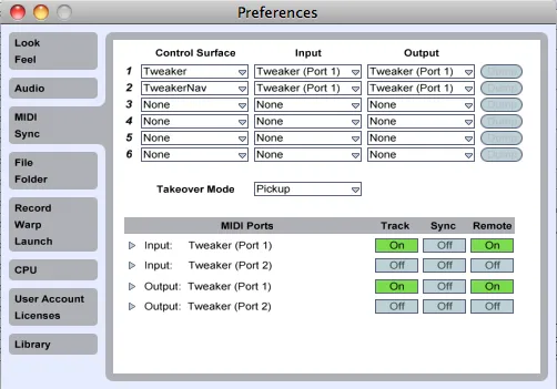 Ableton Live MIDI/Sync preferences with Tweaker and TweakerNav selected as control surfaces