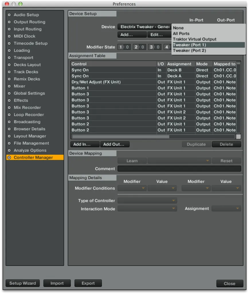Traktor Controller Manager showing the In Port and Out Port pull-down menus set to Tweaker Port 1