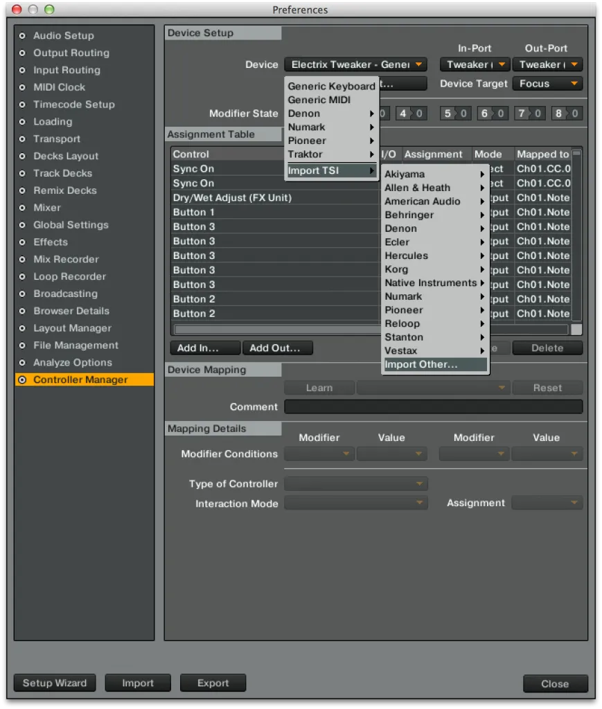 Traktor Controller Manager preferences showing the Add button and the Import TSI menu