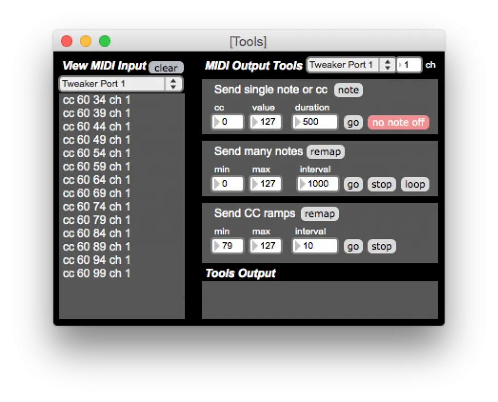 The Tools window in the Electrix Tweaker Editor, showing the MIDI input and MIDI output test panels